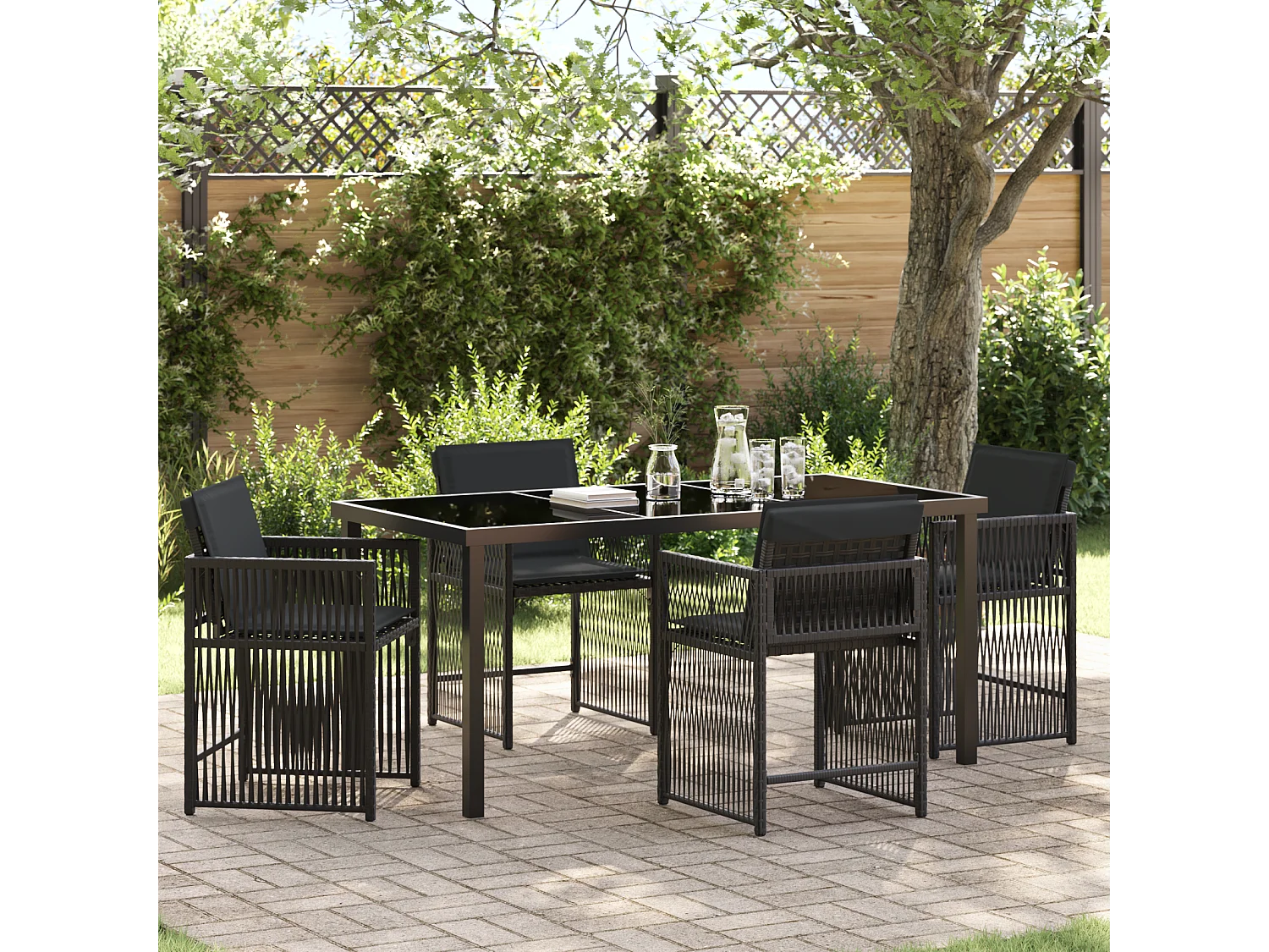 Ensemble de Salle à Manger de Jardin de 5 Pièces avec Coussins Noir Rattan PE