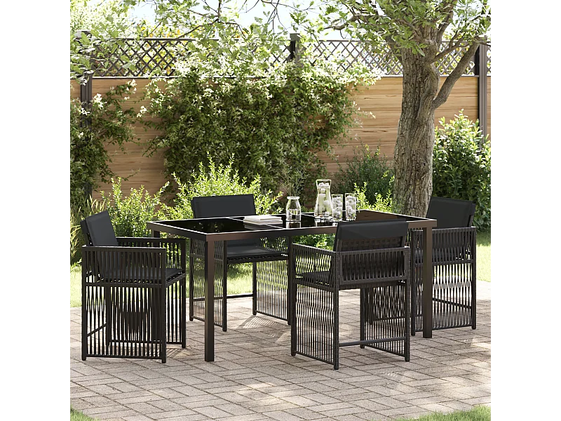 Ensemble de Salle à Manger de Jardin de 5 Pièces avec Coussins Noir Rattan PE