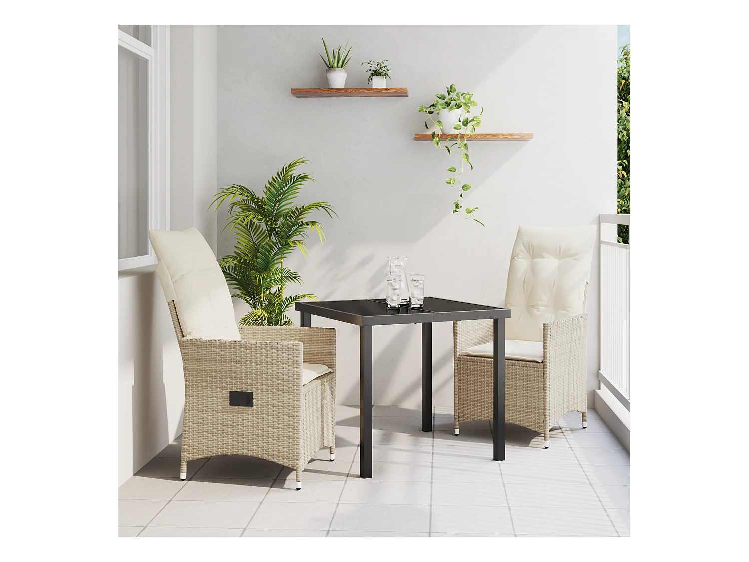 Set da giardino 3 pezzi con cuscini in polyrattan beige