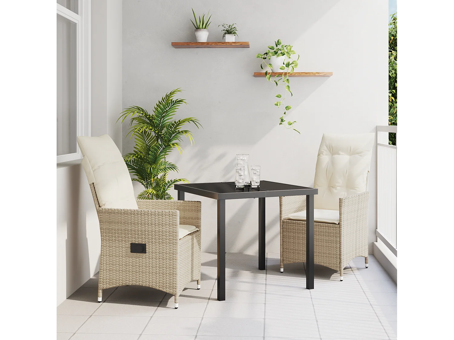 3-delige tuinset met beige polyrotan kussens