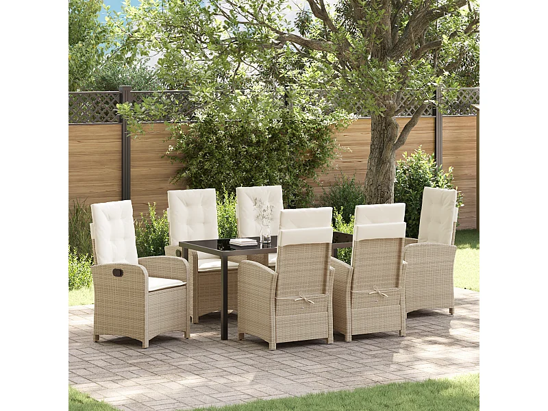 Ensemble de salle à manger de jardin 7 pièces avec coussins Beige Poly Rattan