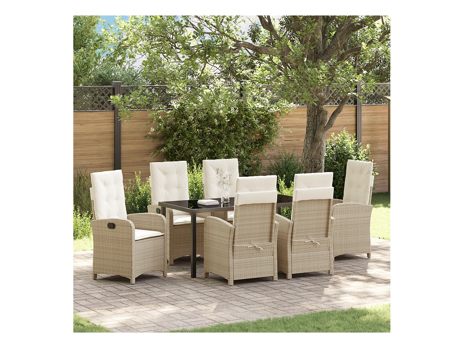 Ensemble de salle à manger de jardin 7 pièces avec coussins Beige Poly Rattan