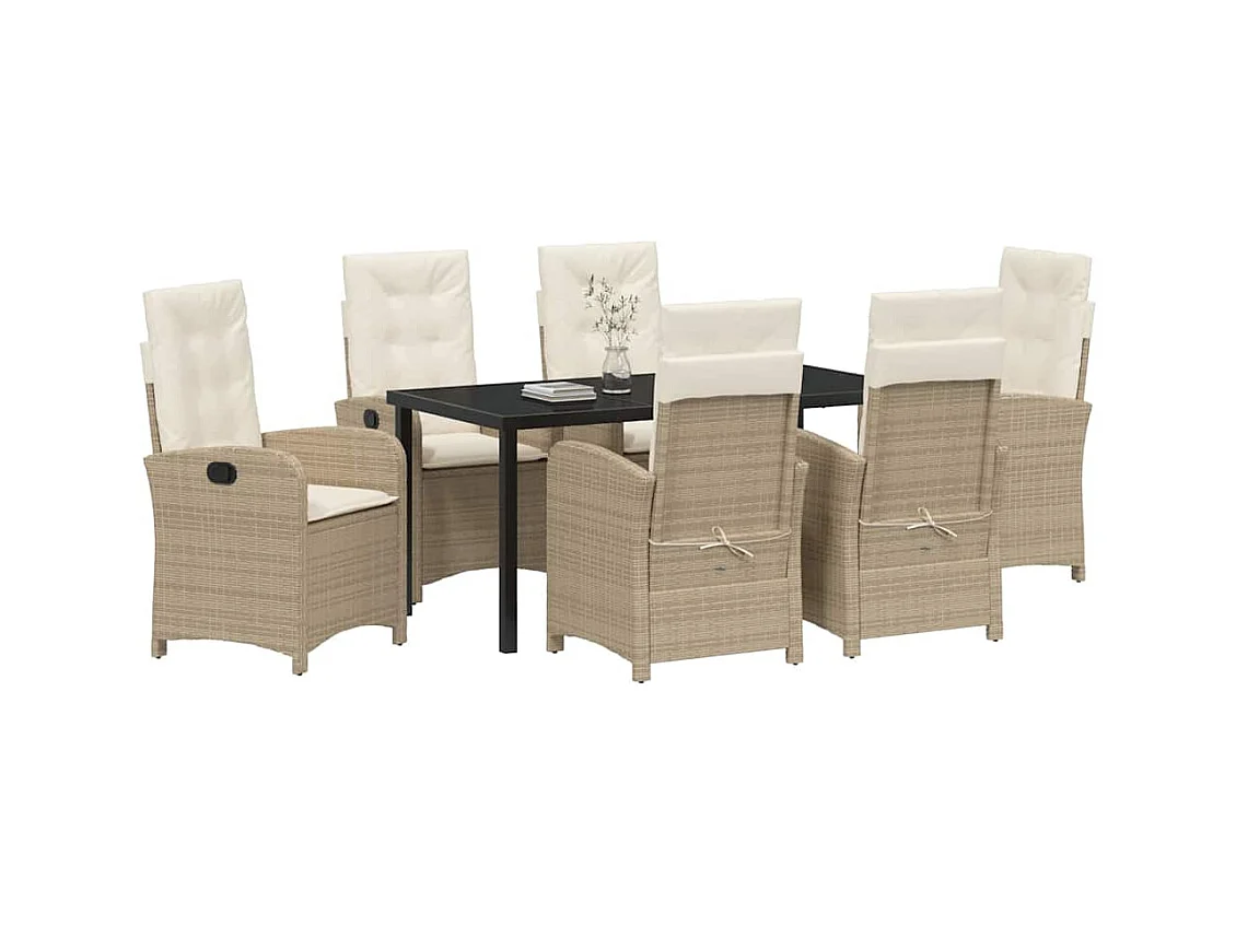 Ensemble de salle à manger de jardin 7 pièces avec coussins Beige Poly Rattan