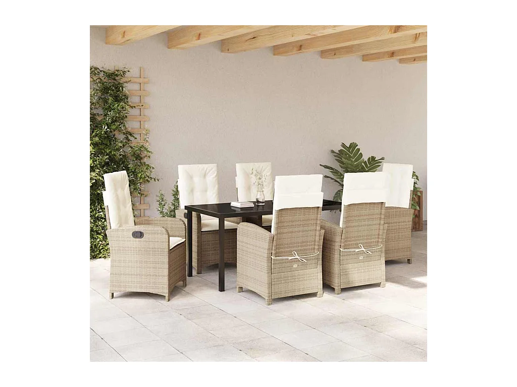 Ensemble de salle à manger de jardin 7 pièces avec coussins Beige Poly Rattan