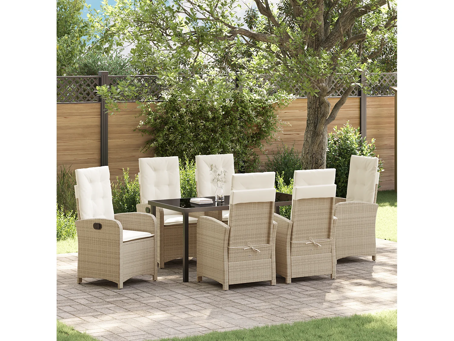 Juego de comedor de jardín de 7 piezas con cojines de ratán sintético beige