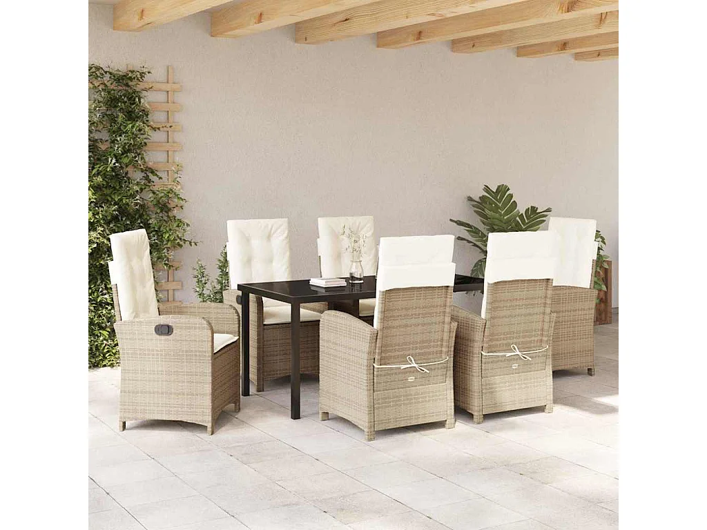 Juego de comedor de jardín de 7 piezas con cojines de ratán sintético beige