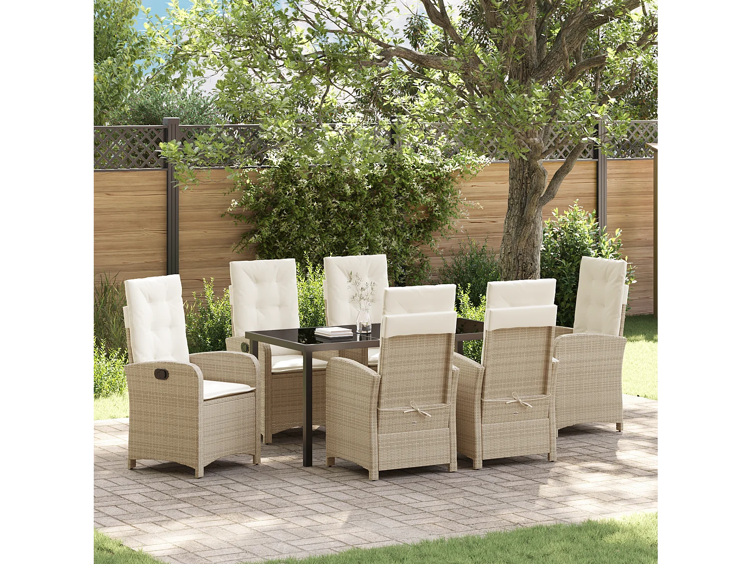 Ensemble de salle à manger de jardin 7 pièces avec coussins Beige Poly Rattan