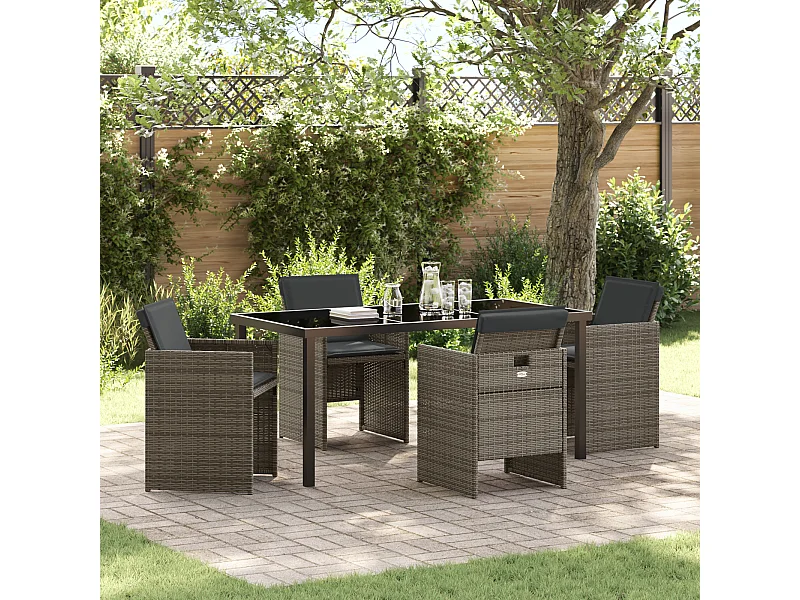 Set da pranzo da giardino da 5 pezzi con cuscini in polyrattan grigio