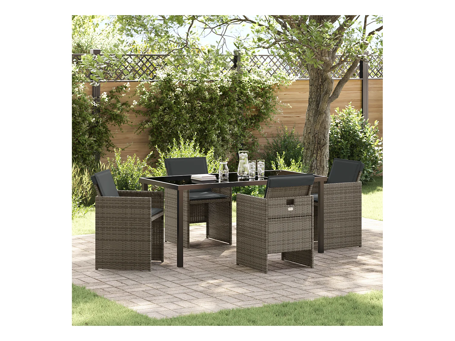 Set da pranzo da giardino da 5 pezzi con cuscini in polyrattan grigio