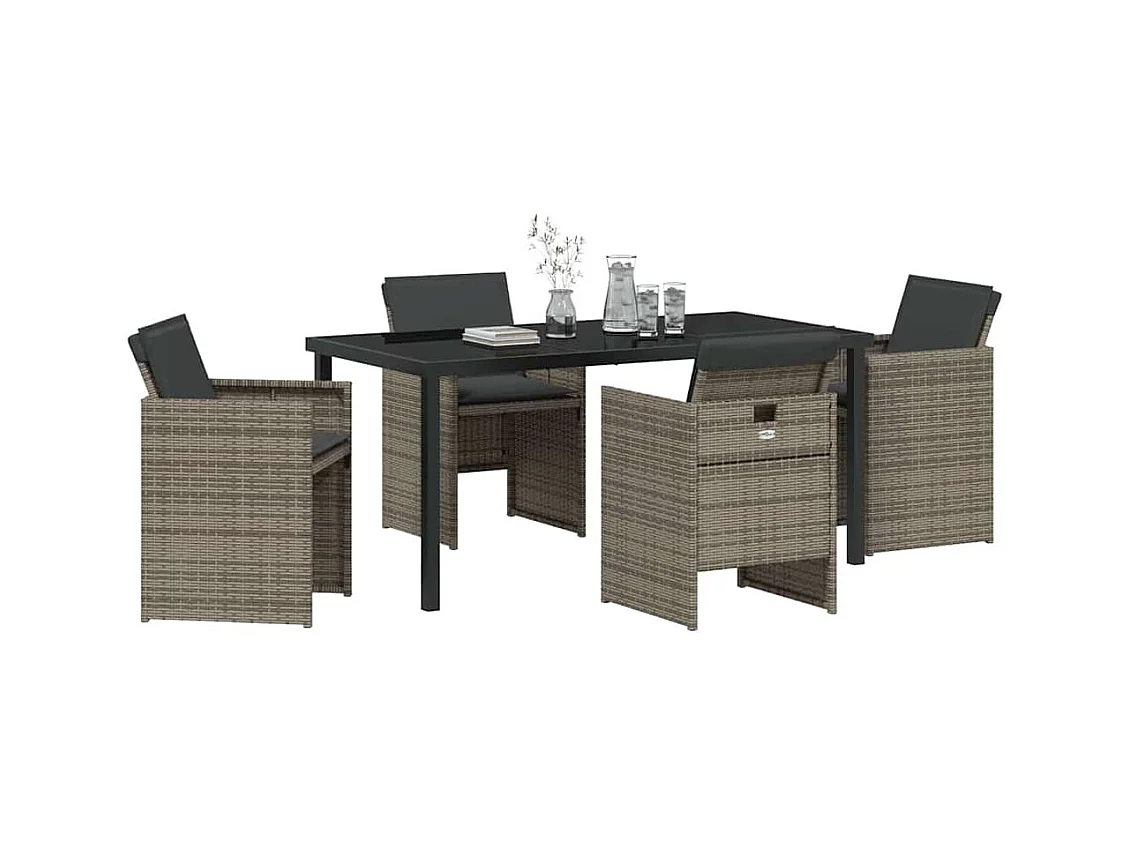 Set da pranzo da giardino da 5 pezzi con cuscini in polyrattan grigio