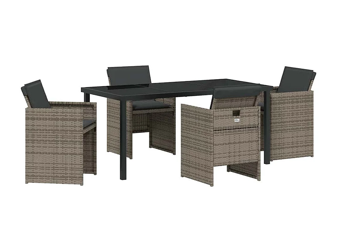 5-teiliges Garten-Essset mit grauen Polyrattan-Kissen