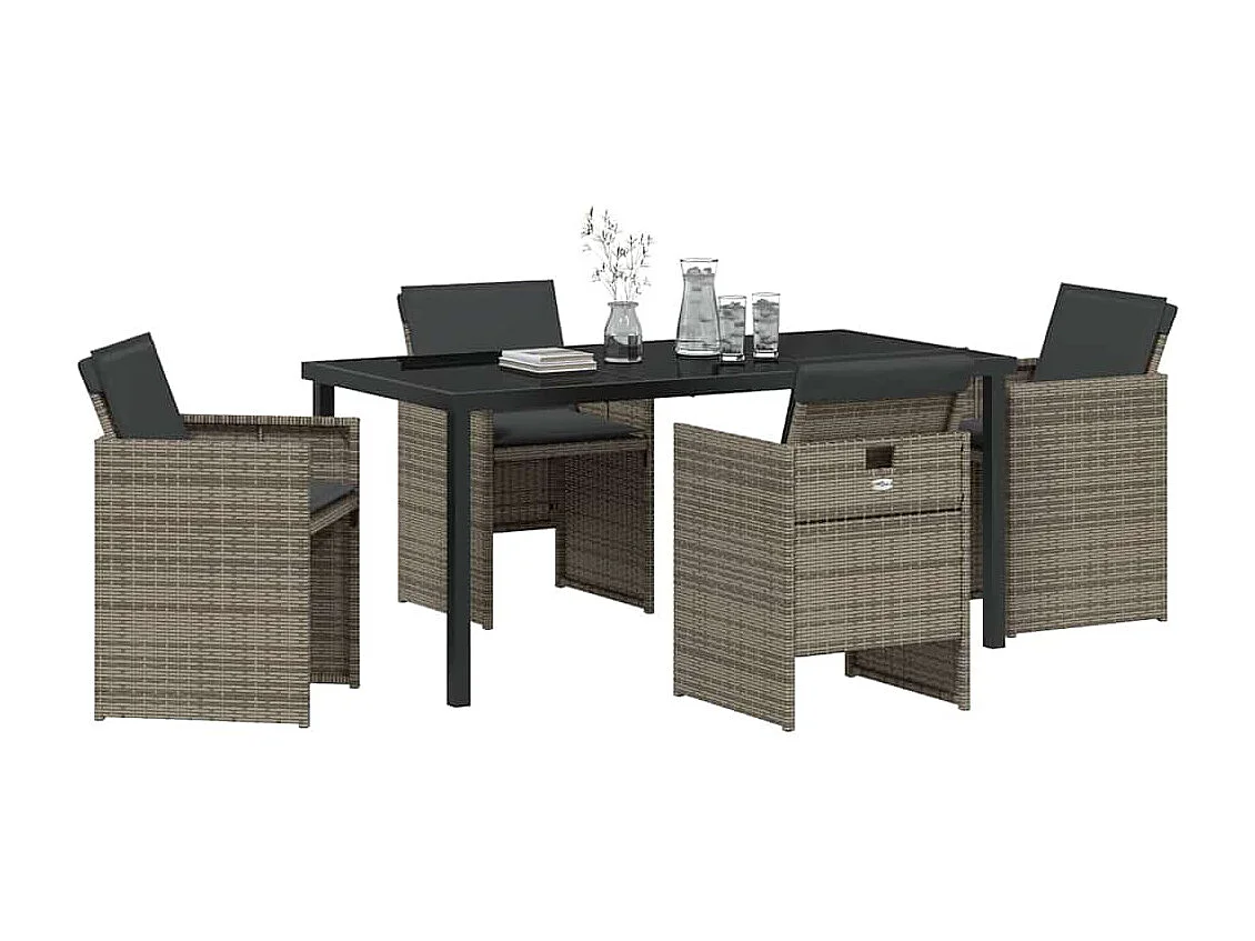 5-teiliges Garten-Essset mit grauen Polyrattan-Kissen