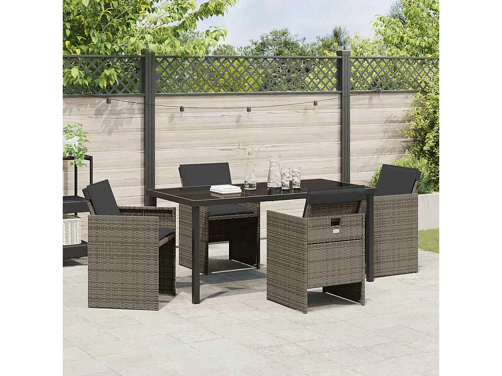 5-teiliges Garten-Essset mit grauen Polyrattan-Kissen