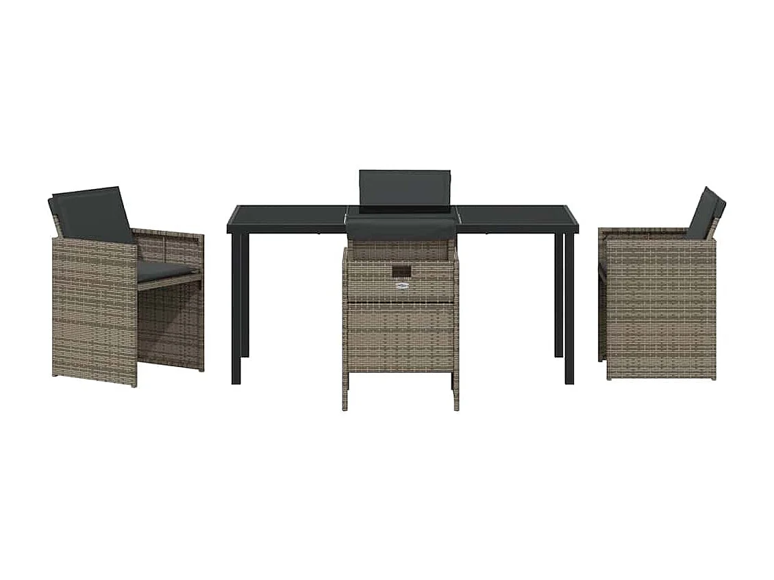 5-teiliges Garten-Essset mit grauen Polyrattan-Kissen