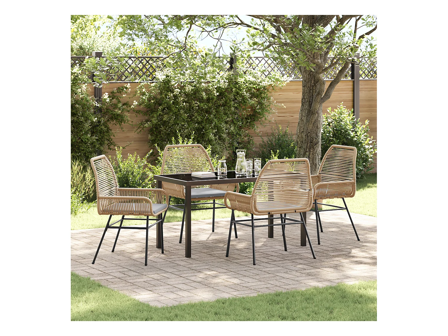 Set da pranzo da giardino 5 pezzi con cuscini in polyrattan marrone