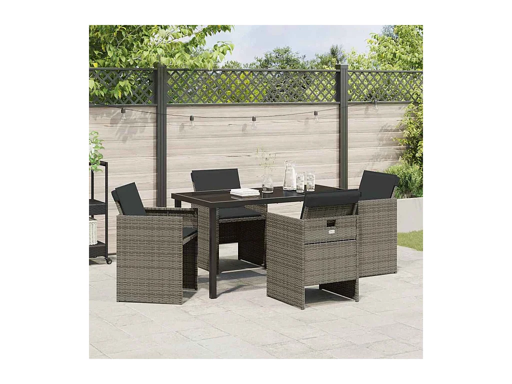 Ensemble de salle à manger de jardin 5 pièces avec coussins gris en poly rotin