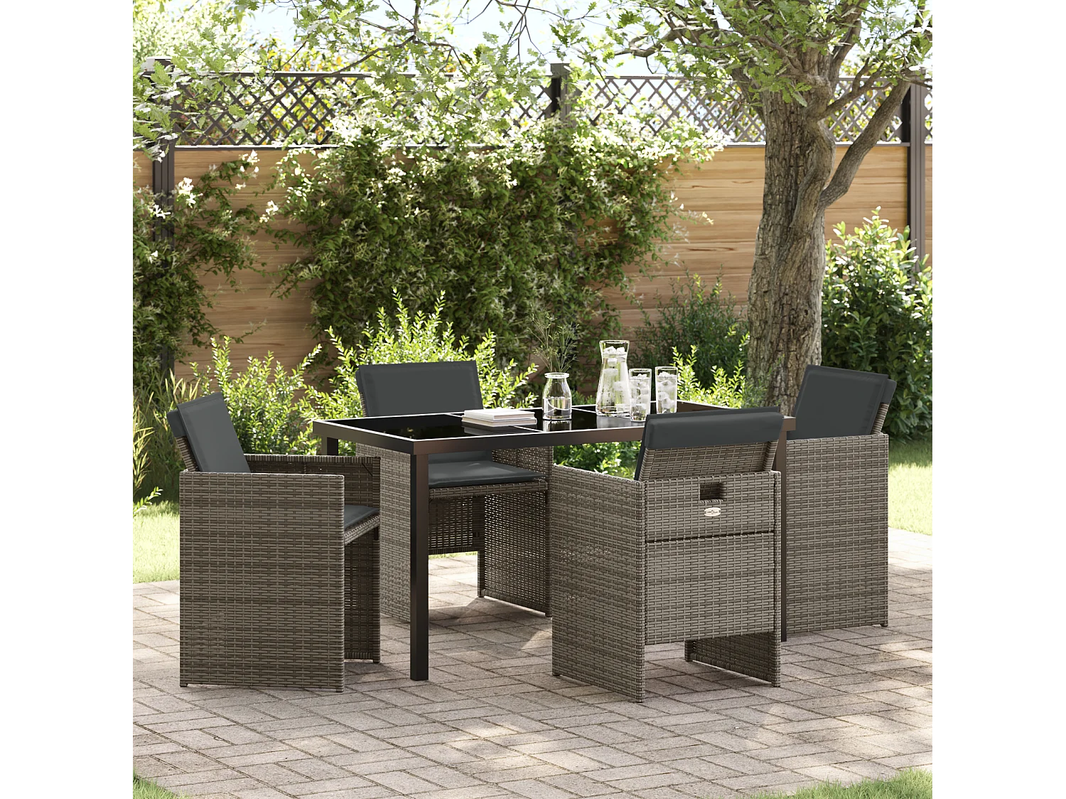 Ensemble de salle à manger de jardin 5 pièces avec coussins gris en poly rotin