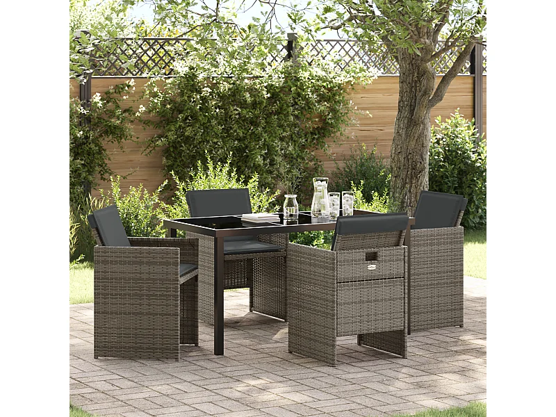 5-teiliges Garten-Essset mit grauen Kissen aus Polyrattan