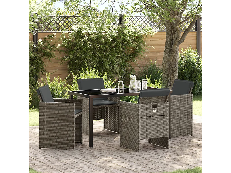 5-teiliges Garten-Essset mit grauen Kissen aus Polyrattan
