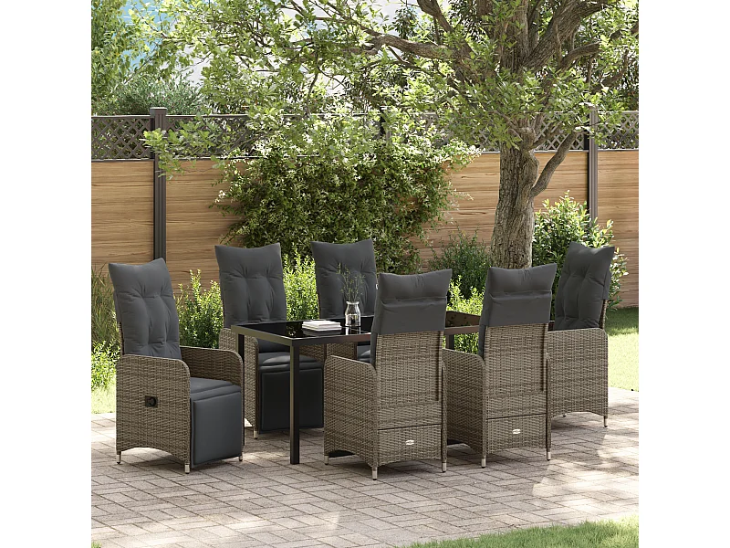 Set da pranzo da giardino 7 pezzi con cuscini in polyrattan grigio