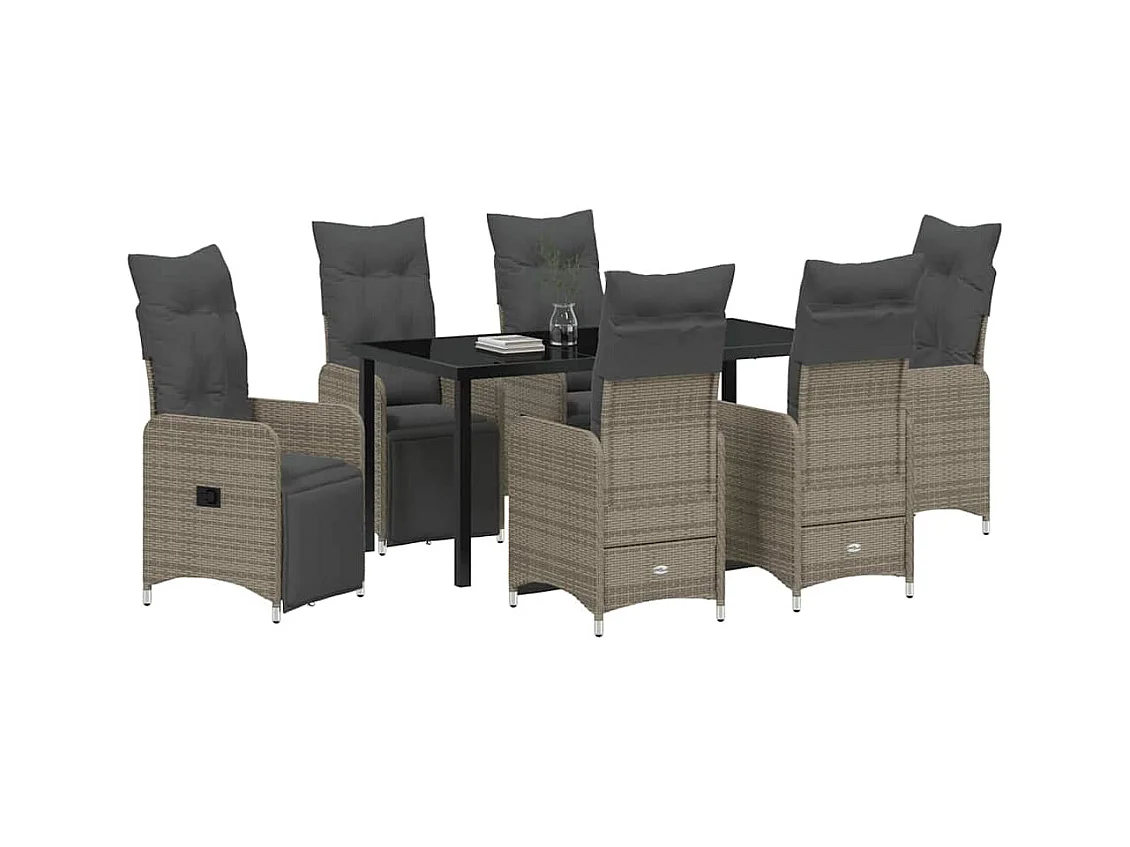 Set da pranzo da giardino 7 pezzi con cuscini in polyrattan grigio