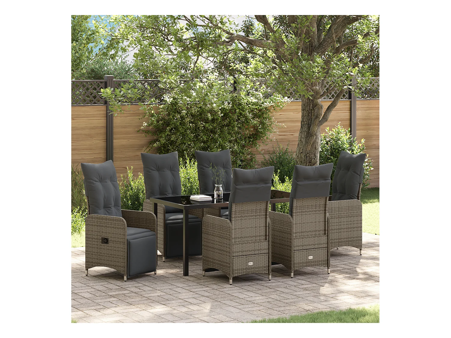 Ensemble de Salle à Manger de Jardin de 7 Pièces avec Coussins en Gris Poly Rattan