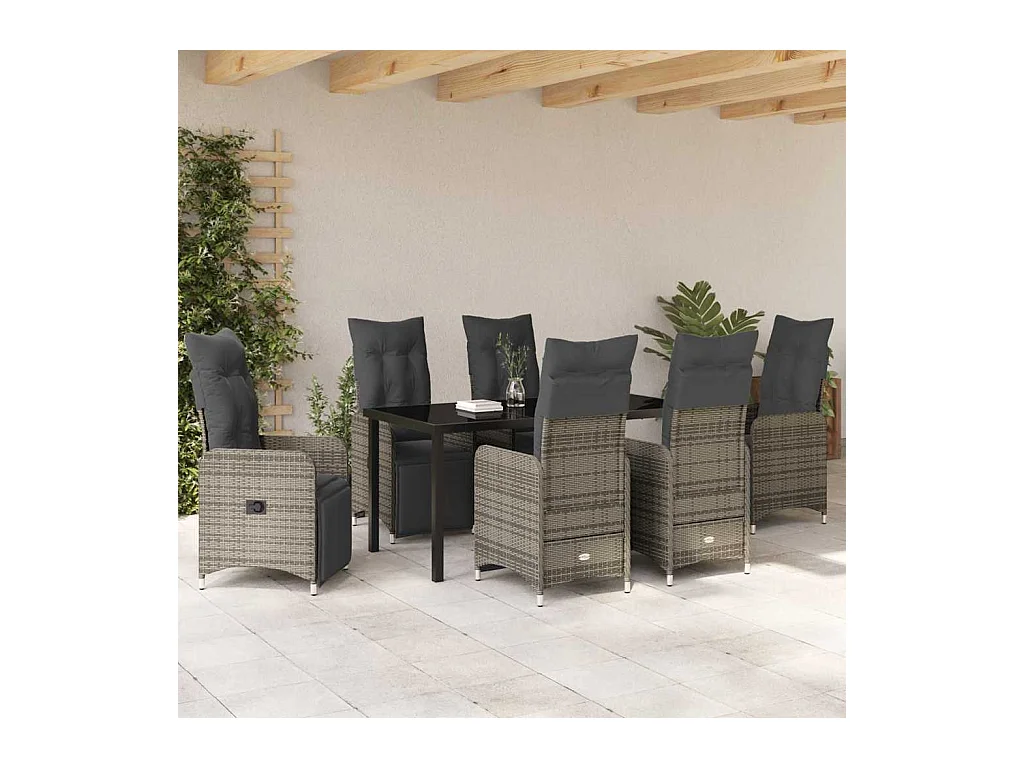 Ensemble de Salle à Manger de Jardin de 7 Pièces avec Coussins en Gris Poly Rattan