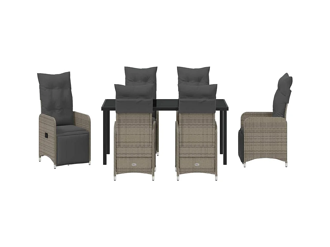 Ensemble de Salle à Manger de Jardin de 7 Pièces avec Coussins en Gris Poly Rattan