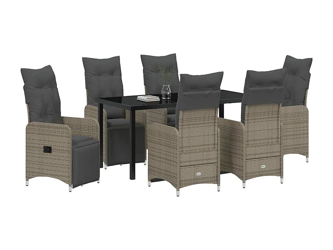 Ensemble de Salle à Manger de Jardin de 7 Pièces avec Coussins en Gris Poly Rattan