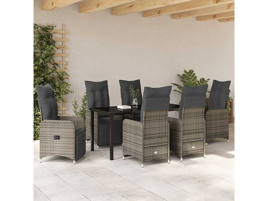 Ensemble de Salle à Manger de Jardin de 7 Pièces avec Coussins en Gris Poly Rattan