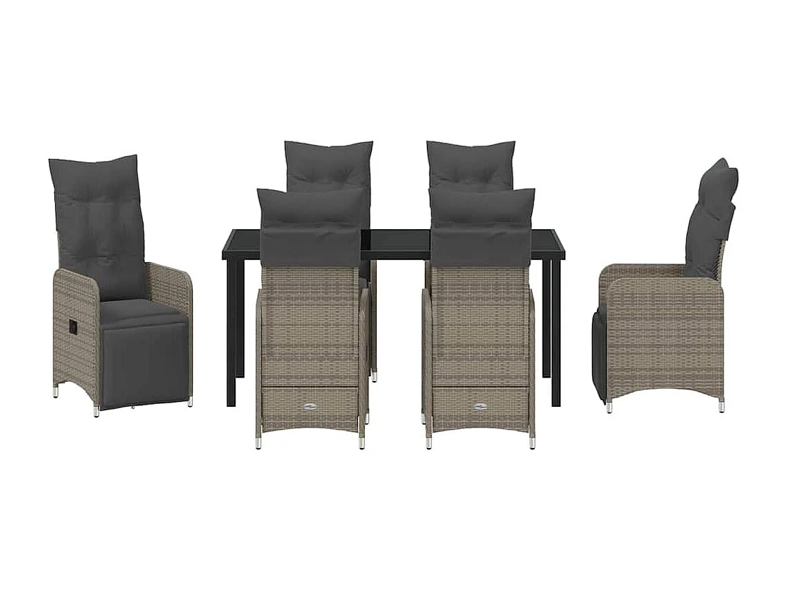 Ensemble de Salle à Manger de Jardin de 7 Pièces avec Coussins en Gris Poly Rattan