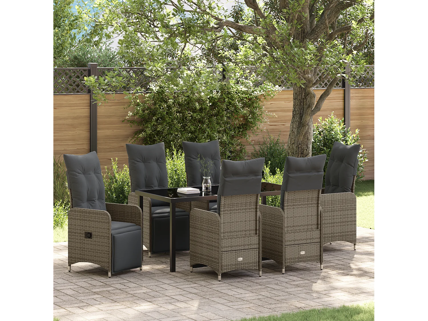 Ensemble de Salle à Manger de Jardin de 7 Pièces avec Coussins en Gris Poly Rattan