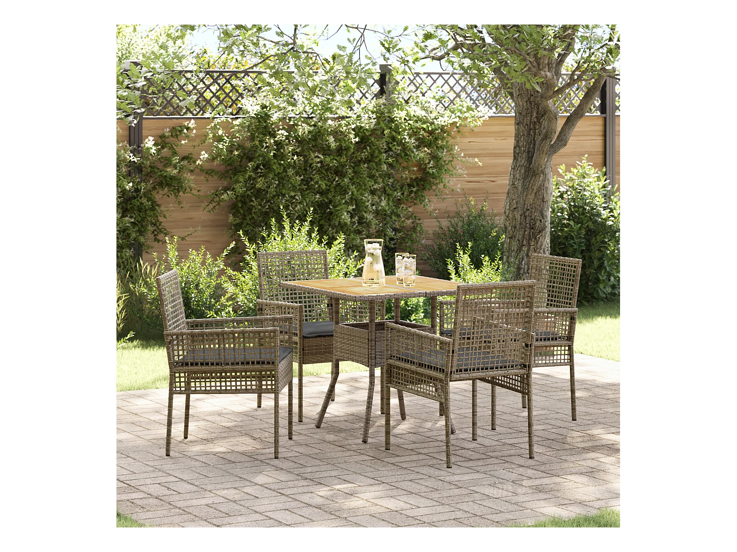 Set da pranzo da giardino 5 pezzi con cuscini, grigio, in polyrattan