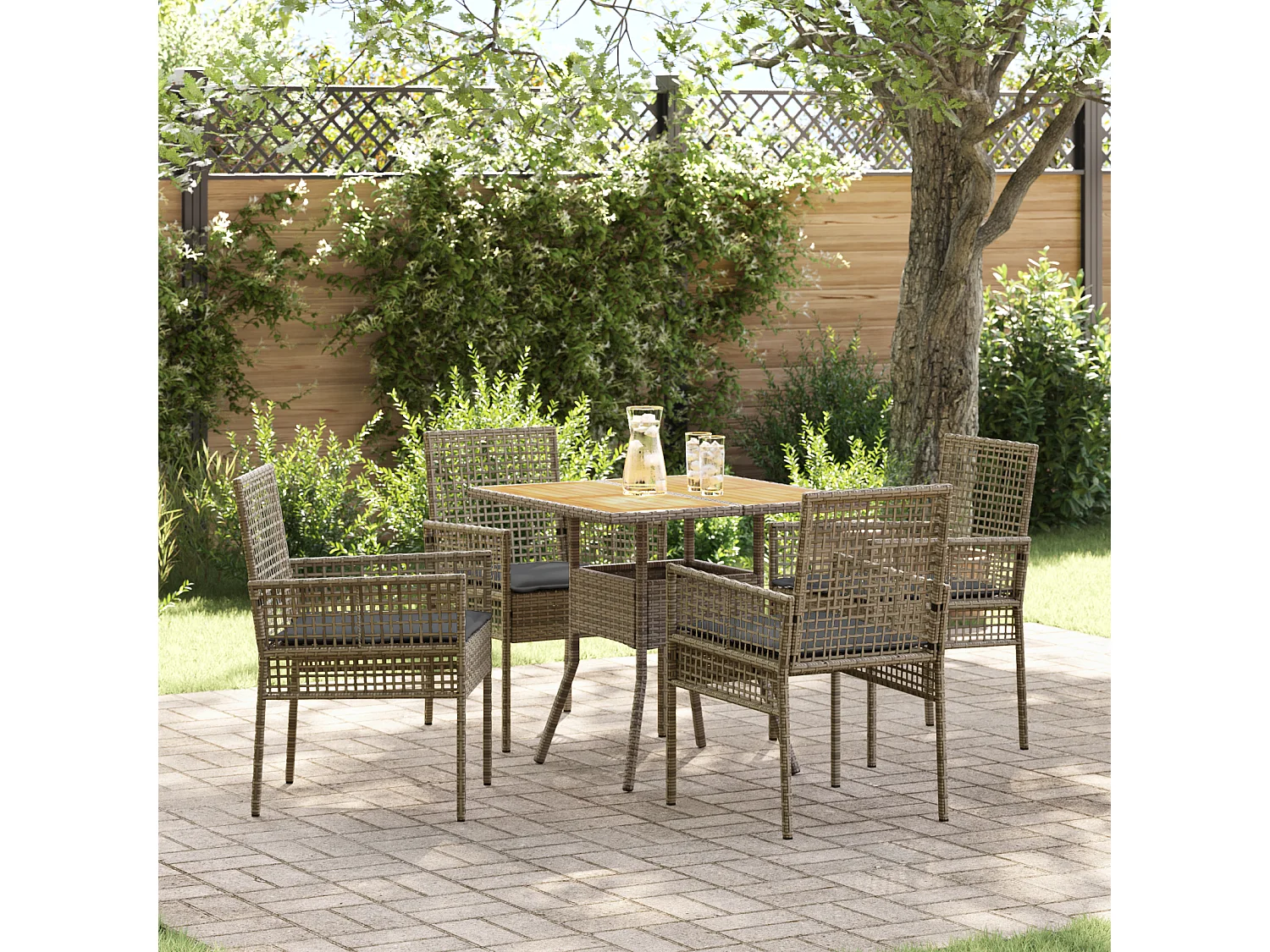 Ensemble de repas de jardin 5 pièces avec coussins, gris, poly rattan
