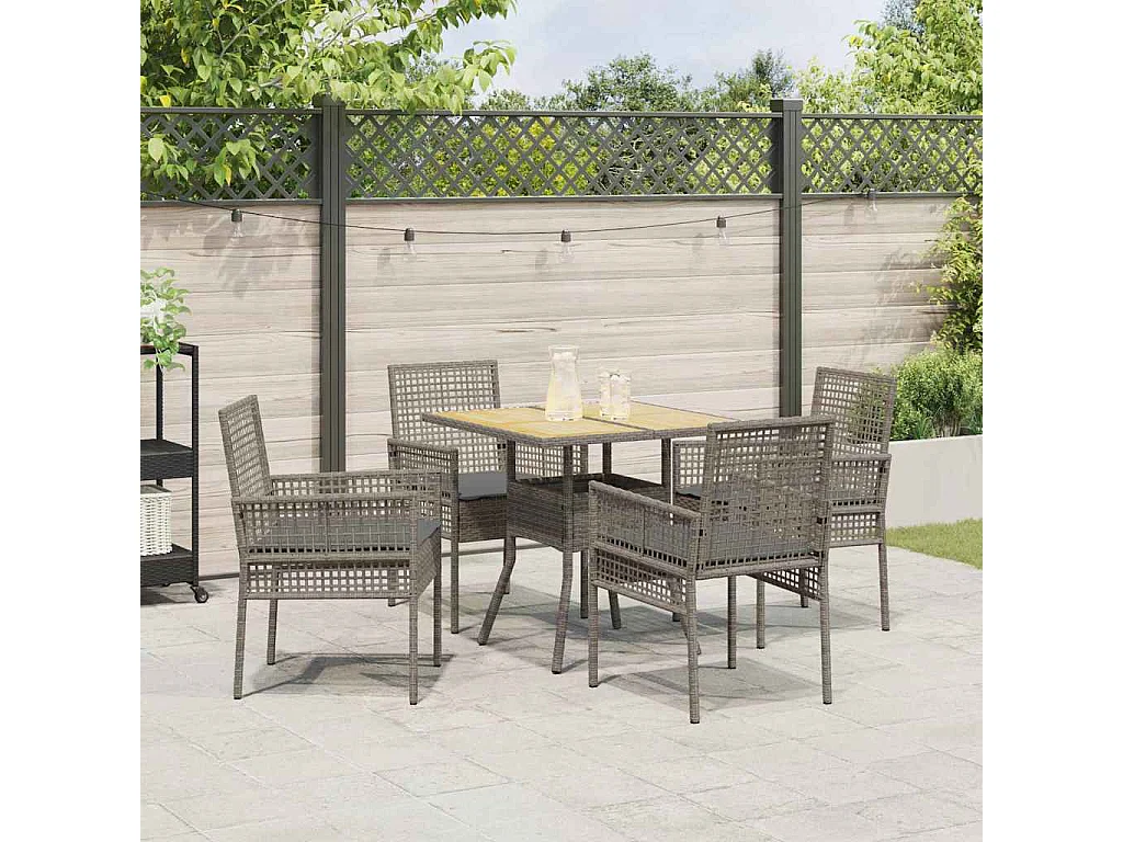 Ensemble de repas de jardin 5 pièces avec coussins, gris, poly rattan