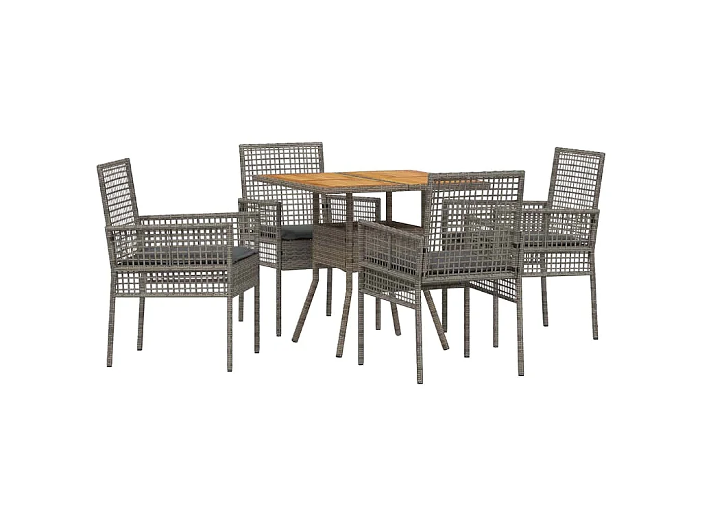 Ensemble de repas de jardin 5 pièces avec coussins, gris, poly rattan