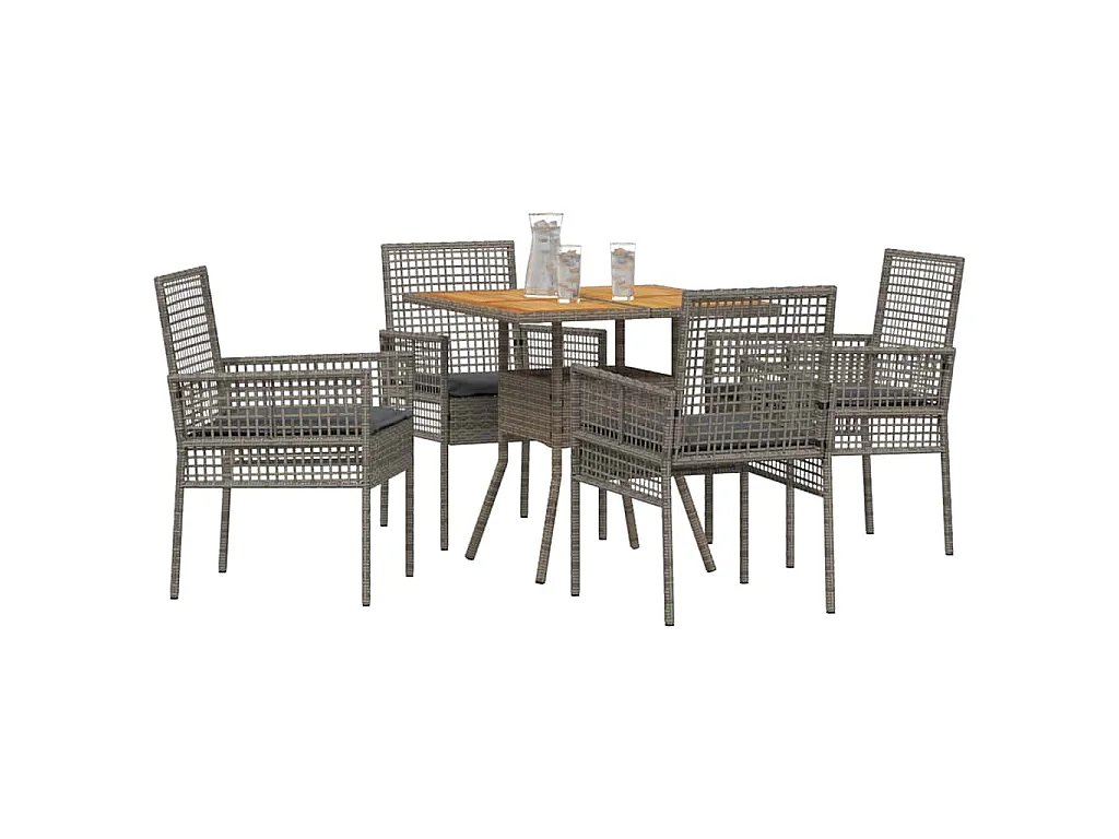 Ensemble de repas de jardin 5 pièces avec coussins, gris, poly rattan