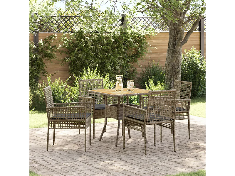 Set da pranzo da giardino 5 pezzi con cuscini, grigio, in polyrattan