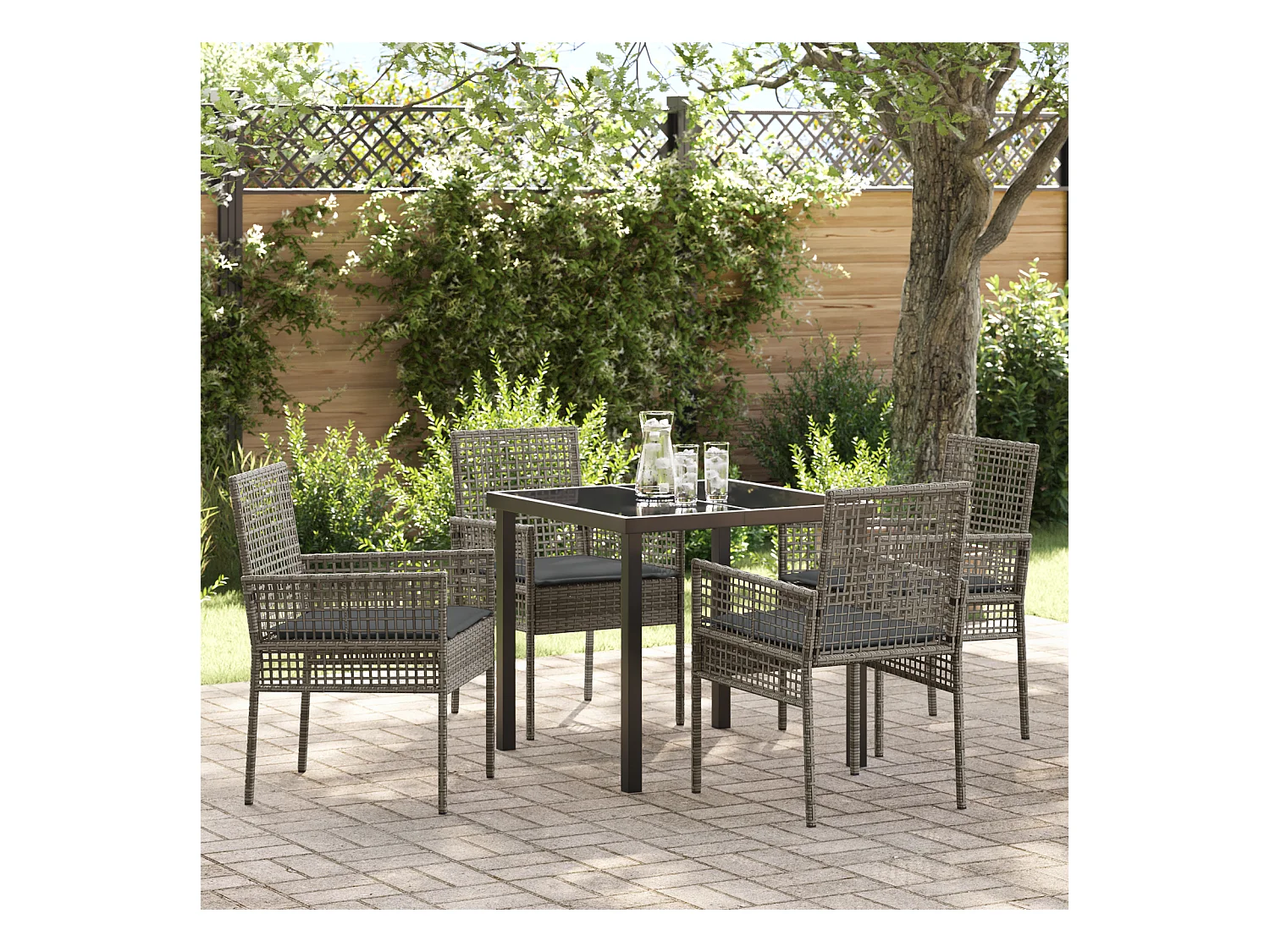 Set da giardino da 5 pezzi con cuscini in polyrattan grigio