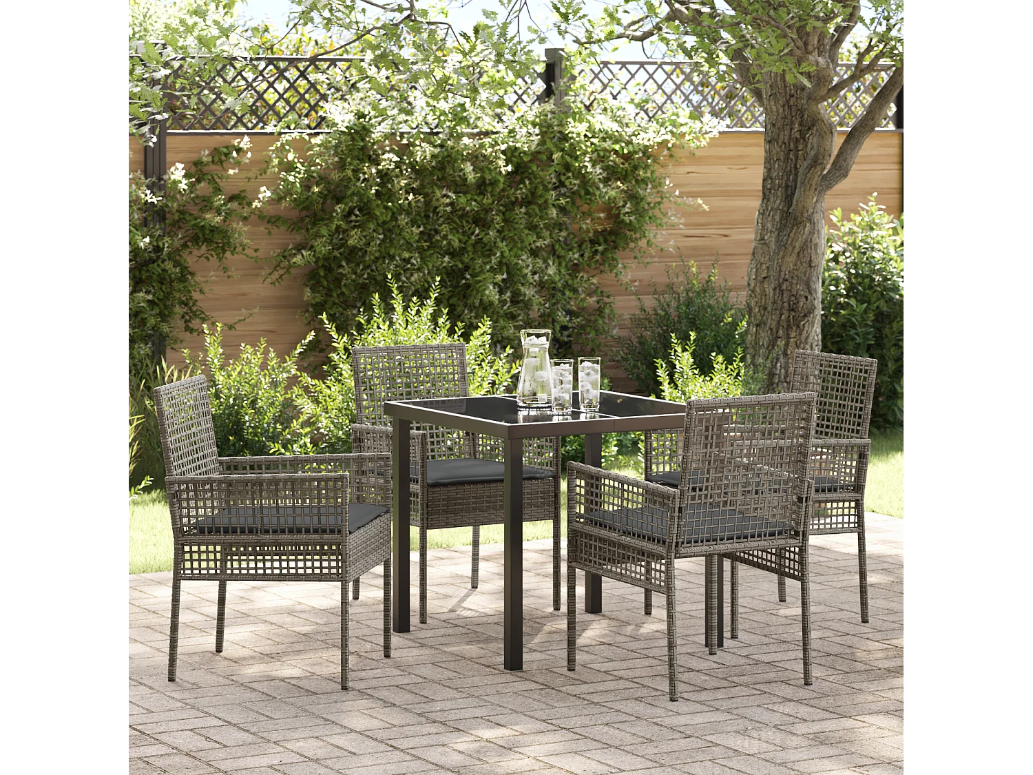 Set de jardin 5 pièces avec coussins gris Poly Rattan
