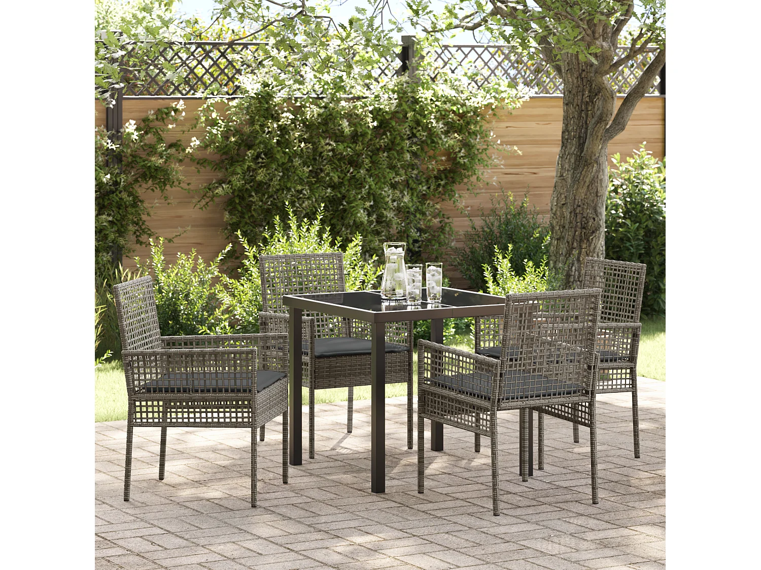 Set de jardin 5 pièces avec coussins gris Poly Rattan