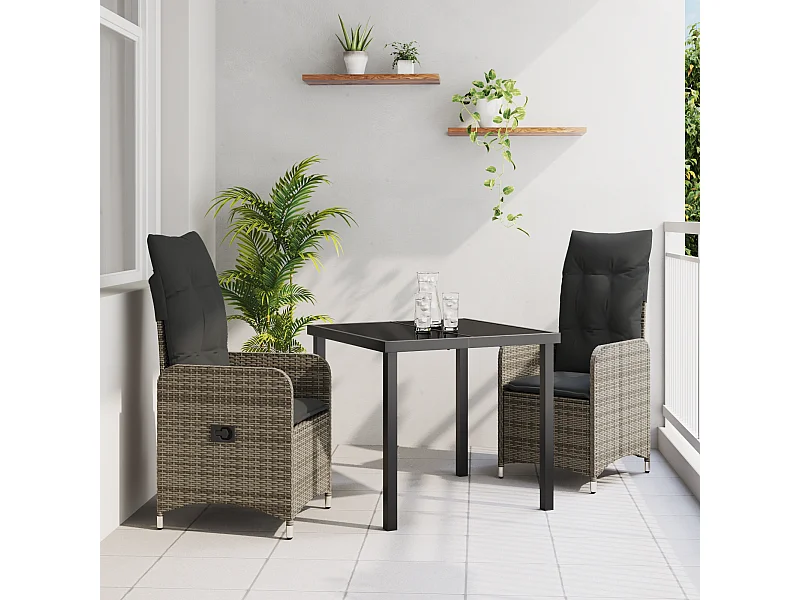Set de salle à manger de jardin 3 pièces avec coussins rattan poly gris