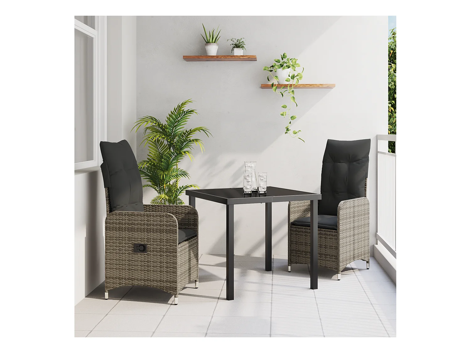 Set de salle à manger de jardin 3 pièces avec coussins rattan poly gris