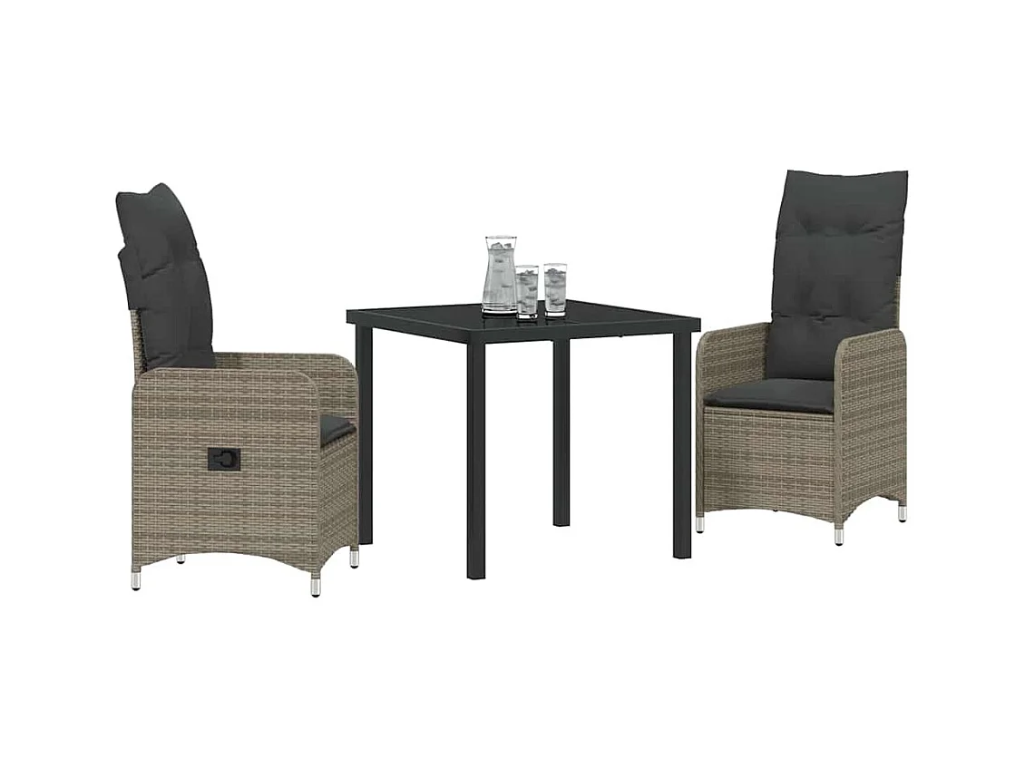 Set de salle à manger de jardin 3 pièces avec coussins rattan poly gris