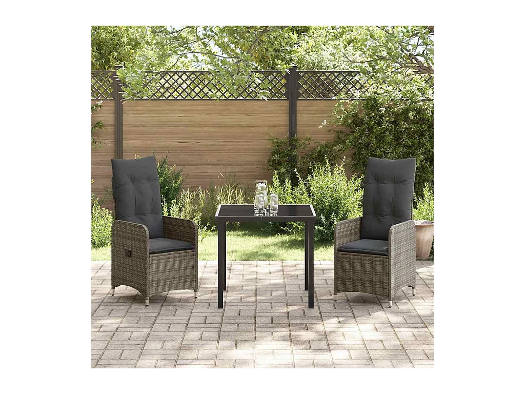 Set de salle à manger de jardin 3 pièces avec coussins rattan poly gris