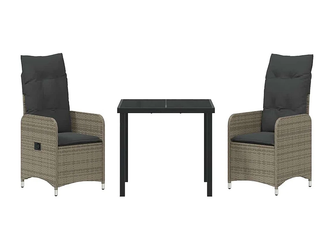 Set de salle à manger de jardin 3 pièces avec coussins rattan poly gris