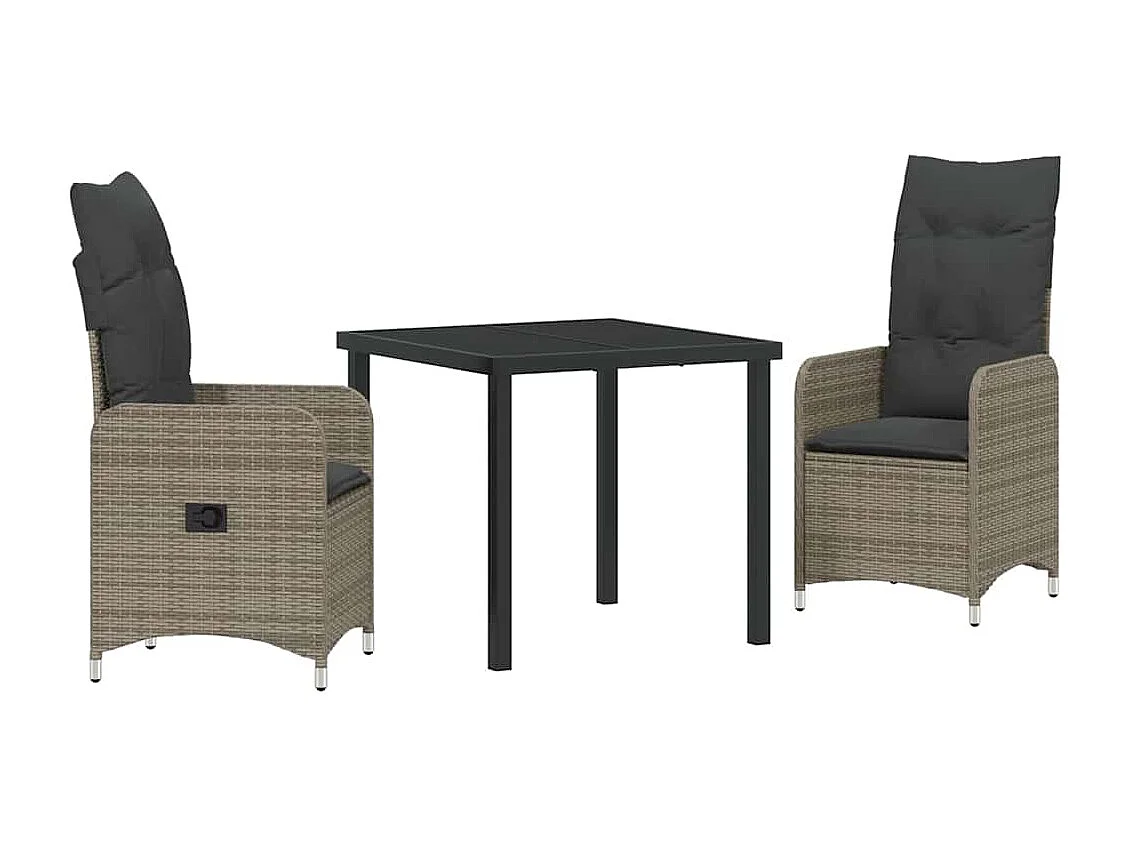 3-teiliges Garten-Essset mit grauen Polyrattan-Kissen