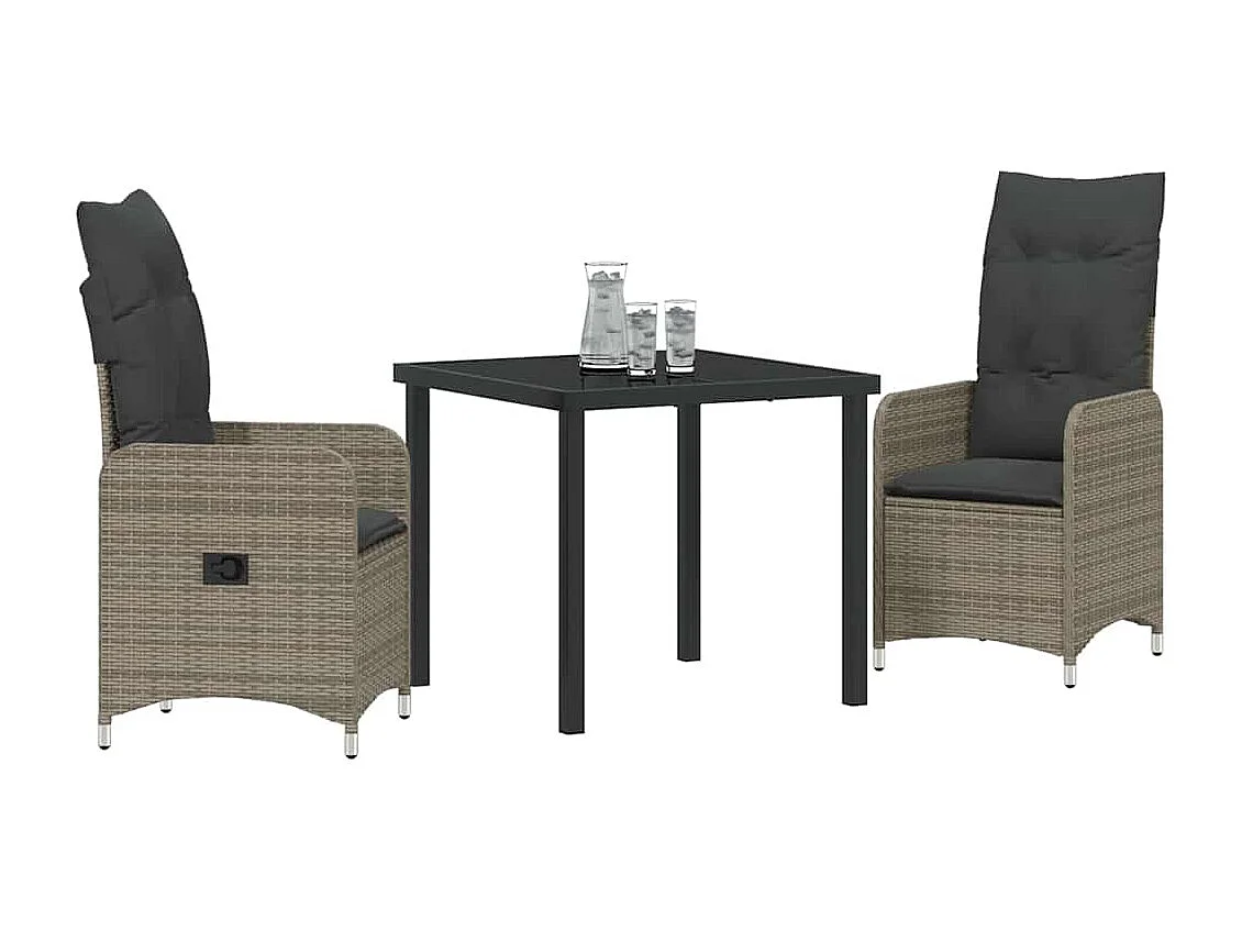 3-teiliges Garten-Essset mit grauen Polyrattan-Kissen