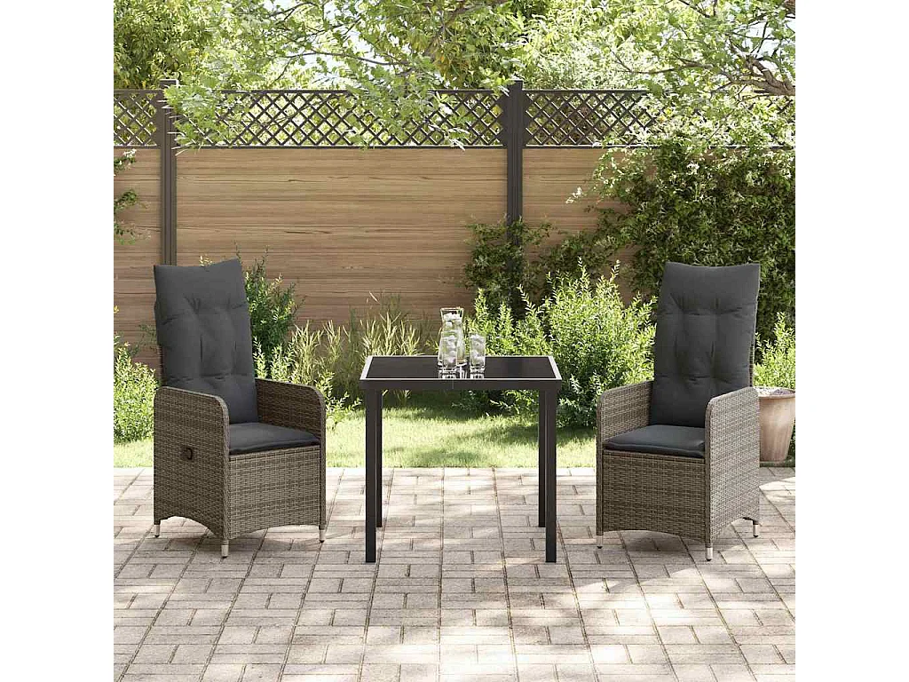 3-teiliges Garten-Essset mit grauen Polyrattan-Kissen