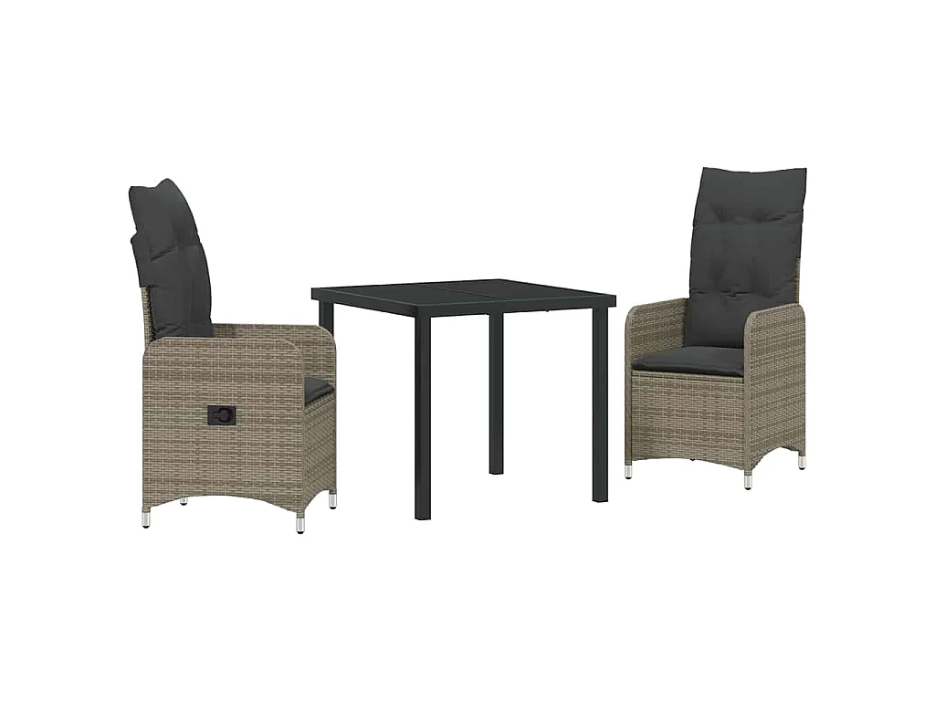 Set de salle à manger de jardin 3 pièces avec coussins rattan poly gris